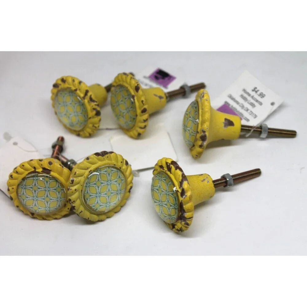 Yellow & Blue Distressed FLORAL Drawer Set of 6 - Pull Knobs Cottage Core